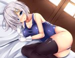  :o alternate_costume black_legwear blue_swimsuit blush breasts collarbone dutch_angle eyebrows eyebrows_visible_through_hair fujimiya_yahiro gloves hair_ornament hairclip hamakaze_(kantai_collection) highleg highleg_swimsuit kantai_collection large_breasts looking_at_viewer lying on_bed on_side one-piece_swimsuit shiny shiny_clothes short_hair silver_hair skindentation sliding_doors solo swimsuit thighhighs white_gloves 