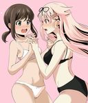  black_bra black_panties blonde_hair bra brown_hair fubuki_(kantai_collection) green_eyes hair_flaps hair_ornament hair_ribbon hairclip highres kantai_collection long_hair multiple_girls okuba panties ponytail red_eyes remodel_(kantai_collection) ribbon underwear white_bra white_panties yuri yuudachi_(kantai_collection) 