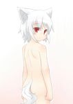  absurdres animal_ears arms_at_sides ass back closed_mouth cowboy_shot expressionless from_behind gradient gradient_background highres inubashiri_momiji kibisake looking_at_viewer looking_back nude red_eyes short_hair simple_background solo tail touhou white_hair wolf_ears wolf_tail 