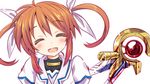  :d blood blush closed_eyes hair_ribbon lyrical_nanoha magical_girl mahou_shoujo_lyrical_nanoha miyao_ryuu open_mouth puffy_sleeves raising_heart red_hair ribbon side_ponytail simple_background smile solo takamachi_nanoha twintails white_background white_devil yandere 