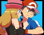  1girl amada arm_holding baseball_cap black_hair blue_eyes blush border brown_eyes brown_hair commentary_request couple eyelashes fingerless_gloves gloves hand_on_another's_chest hat hetero long_hair looking_at_another open_mouth parted_lips pokemon pokemon_(anime) pokemon_xy_(anime) popped_collar satoshi_(pokemon) serena_(pokemon) 