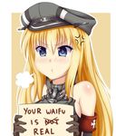  :t =3 anger_vein bare_shoulders bismarck_(kantai_collection) blonde_hair blue_eyes blush breasts brown_gloves english gloves guardian-panda hat holding holding_sign kantai_collection long_hair mai_waifu medium_breasts military_hat pout sign solo tears 