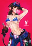  absurdres blowtorch bra breasts brown_hair bubble_blowing chewing_gum clothes_around_waist d.va_(overwatch) facial_mark gloves highres hose large_breasts long_hair looking_at_viewer monori_rogue navel no_shirt overwatch screwdriver solo stomach suppressor toned underwear welding_goggles welding_torch whisker_markings wrench 