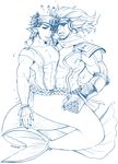  abs anklet chain clenched_hand earrings fingerless_gloves gloves hat head_fins highres hutomomo_syobou jewelry jojo_no_kimyou_na_bouken kuujou_joutarou male_focus merman monochrome monster_boy muscle pointy_ears scarf stand_(jojo) star_platinum stardust_crusaders wrist_cuffs 