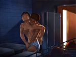  2boys abs grin hand_under_clothes male_focus multiple_boys muscle pecs school smile student teeth topless tsudoo underwear undressing wince yaoi 