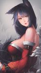  ahri animal_ears breasts fox_ears highres korean_clothes large_breasts league_of_legends light_smile pandea_work parted_lips sideboob solo upper_body yellow_eyes 