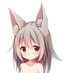  animal_ears bad_id bad_twitter_id bare_shoulders blush brown_eyes collarbone commentary_request fox_ears grey_hair hair_between_eyes long_hair looking_at_viewer original out-of-frame_censoring portrait simple_background solo sorairo_len white_background 