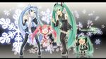  blue_eyes blue_hair cherry cherry_blossoms chibi food fruit green_eyes green_hair hachune_miku hatsune_miku initial_f leek long_hair multiple_girls panties pink_hair sakura_miku scarf snow striped_panties thighhighs tie twintails underwear vocaloid yuki_miku 