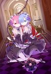  ball_and_chain blue_eyes blue_hair carpet chain chandelier detached_sleeves gloves hair_ornament hair_over_one_eye hair_ribbon hallway looking_at_viewer maid multiple_girls official_art ootsuka_shin'ichirou painting_(object) pink_hair ram_(re:zero) re:zero_kara_hajimeru_isekai_seikatsu red_eyes rem_(re:zero) ribbon shoes short_hair siblings sisters skirt spoilers thighhighs twins white_gloves white_legwear 