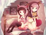  2girls animal animal_ears bed cat drink hoodie loli signed tagme_(artist) thighhighs 
