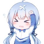  &gt;_&lt; ahoge bad_id bad_pixiv_id bandaid blue_hair blush chibi closed_eyes crossed_bandaids crying hair_ribbon hands_on_own_head long_sleeves low_twintails mimengfeixue open_mouth pain ribbon simple_background solo tears track_suit twintails upper_body vocaloid wavy_mouth white_background xingchen 