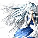  angel_wings ao-shiba feathers long_hair multiple_wings red_eyes sariel seraph silver_hair solo steepled_fingers touhou touhou_(pc-98) wings 