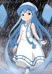  blue_eyes blue_hair dress gandoru hat highres ikamusume shinryaku!_ikamusume solo squid_hat tentacle_hair white_dress 