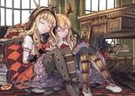  akieda asymmetrical_legwear bad_id bad_pixiv_id bangs black_legwear blonde_hair blunt_bangs book book_stack boots bow bowtie cagliostro_(granblue_fantasy) checkered checkered_floor closed_eyes crown desk frilled_legwear frilled_skirt frills gloves granblue_fantasy hair_between_eyes head_tilt head_wings hood indoors knees_together_feet_apart knees_up leaning_on_person legs_together light_smile long_hair multiple_girls no_shoes on_floor open_book open_drawer pantyhose parted_lips petticoat pillow print_legwear puffy_short_sleeves puffy_sleeves shingeki_no_bahamut short_sleeves side-by-side sitting skirt thighhighs vampy window 