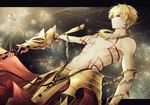  blonde_hair chain collarbone ea_(fate/stay_night) earrings enkidu_(weapon) fate/extra fate/extra_ccc fate_(series) from_below gilgamesh grin holding holding_weapon jewelry male_focus red_eyes shirtless smile solo weapon yuririensu 