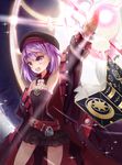  book coat dress fate/grand_order fate_(series) grimoire hand_up hat helena_blavatsky_(fate/grand_order) highres magic purple_eyes purple_hair solo strapless strapless_dress tree_of_life zhu_xiang 