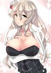  absurdres blush breasts brown_eyes cleavage hat highres kantai_collection large_breasts long_hair looking_at_viewer mini_hat pola_(kantai_collection) sankakusui silver_hair solo tilted_headwear 