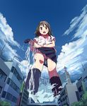  bad_id bad_pixiv_id blush brown_eyes brown_hair cloud day from_below giantess long_hair looking_at_viewer looking_down open_mouth original panties pantyshot pantyshot_(standing) school_uniform see-through skirt sky solo standing syego underwear uniform upskirt water wet wet_clothes wringing_clothes wringing_skirt 