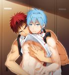  2boys abs kuroko_no_basuke locker_room looking_at_viewer male_focus multiple_boys muscle naughty_face pecs shirt_lift size_difference tsudoo undressing yaoi 