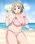  altc41096 blush breasts brown_eyes brown_hair cleavage hair_ornament idolmaster idolmaster_cinderella_girls large_breasts looking_at_viewer mimura_kanako navel open_mouth plump shiny_skin short_hair smile solo standing swimsuit thick_thighs 