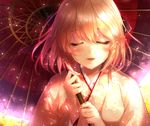  ahoge blonde_hair closed_eyes fate_(series) japanese_clothes kimono koha-ace mia_(gute-nacht-07) okita_souji_(fate) okita_souji_(fate)_(all) oriental_umbrella parted_lips short_hair smile solo umbrella 