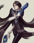  :d bangs banned_artist bayonetta bayonetta_(character) bayonetta_2 beige_background black-framed_eyewear black_hair blue_eyes bodysuit brooch chain cowboy_shot dual_wielding earrings frilled_cuffs frilled_shirt_collar frills gem glasses gloves gun handgun highres holding holding_gun holding_weapon jewelry light_smile lips looking_at_viewer love_is_blue_(bayonetta) mole mole_under_mouth open_mouth parted_lips pendant pistol short_hair simple_background skin_tight smile solo swept_bangs weapon white_gloves wrist_cuffs yinan_cui 