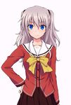  blue_eyes brown_skirt charlotte_(anime) collarbone grey_hair hair_ornament hand_on_hip highres hoshinoumi_academy_uniform long_hair looking_at_viewer pleated_skirt redpoke school_uniform simple_background skirt smile solo tomori_nao white_background 