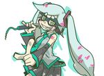  1girl aqua_hair cosplay detached_sleeves domino_mask hatsune_miku hatsune_miku_(cosplay) headphones hotaru_(splatoon) long_hair mask microphone mole mole_under_eye necktie pointing pointing_at_viewer pointy_ears seki_(red_shine) simple_background skirt smile solo splatoon_(series) splatoon_1 tentacle_hair twintails vocaloid white_background 