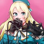  absurdres atago_(kantai_collection) bangs beret between_fingers black_gloves blonde_hair blue_hat breasts cable checkered commentary_request covered_mouth frilled_sleeves frills gloves hat highres holding holding_microphone jacket kantai_collection large_breasts long_hair long_sleeves microphone palms pink_background simple_background solo suterabee uneven_eyes upper_body 