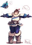  blush breasts brown_eyes brown_hair glasses hair_bun hair_ornament hairpin large_breasts mei_(overwatch) one_eye_closed outstretched_arms overwatch parka plump robot ryuji_(red-truth) short_hair smile solo thick_thighs thighs 