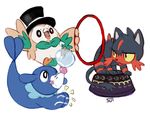  bad_tumblr_id bird black_eyes bubble cat clown_nose commentary gen_7_pokemon hat hoop leaf litten no_humans noemipls ocean owl pokemon pokemon_(creature) popplio red_eyes rowlet signature simple_background tongue tongue_out top_hat white_background 
