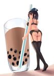  ass back bangs beret black_bra black_hair black_legwear black_panties blue_hat bra breasts bubble_tea closed_mouth cup drinking_glass drinking_straw from_behind from_below full_body garter_belt hat holding kantai_collection lingerie medium_breasts minigirl no_shoes oversized_object panties red_eyes shade short_hair simple_background skyrail soles solo standing takao_(kantai_collection) thighhighs thong underwear underwear_only walking white_background 