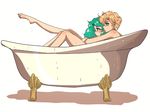  androgynous bad_id bad_pixiv_id barefoot bathing bathtub bishoujo_senshi_sailor_moon blonde_hair blush claw_foot_bathtub green_eyes green_hair highres hug hug_from_behind kaiou_michiru leg_up long_legs multiple_girls nametake_(nametake729) reverse_trap shared_bathing short_hair slipper_bathtub ten'ou_haruka very_short_hair wet yellow_eyes yuri 