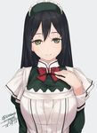  alternate_costume artist_name black_hair breasts brown_eyes chikuma_(kantai_collection) dated grey_background headdress kantai_collection large_breasts long_hair looking_at_viewer rokuwata_tomoe simple_background smile solo twitter_username 