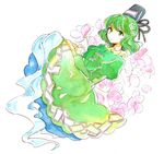  dress faux_traditional_media flower ghost ghost_tail green_dress green_eyes green_hair hat japanese_clothes kariginu ofuda protected_link simple_background soga_no_tojiko solo tama_(hiroshige_36) tate_eboshi touhou white_background 