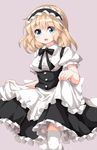  :d alice_margatroid alternate_costume apron blonde_hair blue_eyes bow bowtie center_frills enmaided frilled_apron frilled_sleeves frills highres maid maid_apron maid_headdress open_mouth puffy_sleeves ruu_(tksymkw) shirt short_hair short_sleeves simple_background smile solo thighhighs touhou white_legwear white_shirt 