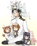  4girls admiral_(kantai_collection) afterimage akatsuki_(kantai_collection) animal_ears bad_id bad_twitter_id bird black_footwear black_hair black_hat black_legwear black_skirt blank_eyes blue_eyes blush brown_eyes brown_hair buttons cat_ears cat_tail commentary_request ears_down eating failure_penguin flying_sweatdrops food full_body hair_between_eyes hammer_and_sickle hand_on_another's_head hat hibiki_(kantai_collection) highres holding ikazuchi_(kantai_collection) inazuma_(kantai_collection) indian_style kantai_collection kemonomimi_mode kneehighs long_hair long_sleeves low_ponytail military military_uniform minigirl miss_cloud motion_lines mouth_hold multiple_girls naval_uniform nonono_(mino) o_o on_head one_eye_closed pantyhose penguin petting pleated_skirt pocky school_uniform serafuku shaded_face shirt shoes sidelocks silver_hair simple_background sitting sitting_on_lap sitting_on_person skirt sparkle spread_legs star tail tail_wagging tears thighhighs uniform verniy_(kantai_collection) very_long_hair white_background white_hat white_shirt zettai_ryouiki 