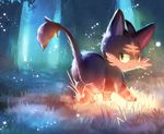  bad_pixiv_id black_fur closed_mouth creature fores from_behind fur gen_7_pokemon grass litten looking_back manino_(mofuritaionaka) no_humans plant pokemon pokemon_(creature) tree walking yellow_sclera 