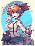  cowboy_shot denim denim_shorts faux_traditional_media gen_1_pokemon gym_leader holding holding_poke_ball kasumi_(pokemon) orange_hair parororo poke_ball poke_ball_(generic) pokemon pokemon_(anime) pokemon_(classic_anime) pokemon_(creature) psyduck shorts side_ponytail suspenders tentacruel 