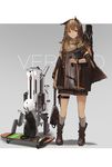  animal_ears bad_id bad_pixiv_id bag belt_pouch black_cat boots brown_eyes brown_hair cat cat_ears flower full_body gradient gradient_background grey_background grey_legwear gun hair_flower hair_ornament highres jacket light_smile long_hair looking_at_viewer original pouch renatus.z robot satchel scarf skateboard skirt socks solo standing thigh_strap walkie-talkie watch weapon wristwatch 