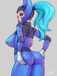  ass ass_grab blue_bodysuit bodysuit breasts chelodoy defense_of_the_ancients dota_2 from_behind gloves grabbing_own_ass grey_background helmet large_breasts lips long_hair looking_back luna_(dota) ponytail purple_eyes signature simple_background solo thighs white_gloves 