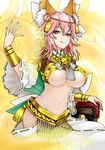  amaterasu_(fate) animal_ears blush bracer breasts fate/extra fate_(series) fox_ears fox_tail hair_ornament highleg highleg_panties isse large_breasts long_hair midriff navel panties parted_lips pink_hair smile solo tail tamamo_(fate)_(all) tamamo_no_mae_(fate) tassel underboob underwear white_panties yellow_eyes 
