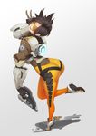  :d arched_back artist_name ass back backpack bag black_eyes black_gloves black_hair bodysuit character_name clothes_writing ear_piercing from_above full_body gloves goggles gradient gradient_background grey_background highres holding holding_weapon jewelry leg_lift looking_at_viewer open_mouth orange_bodysuit overwatch piercing ringed_eyes shoes short_hair signature sleeves_folded_up smile solo standing standing_on_one_leg stormcow tracer_(overwatch) v weapon 