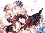  :o blue_eyes blue_flower blue_hair blue_rose detached_sleeves flower frilled_sleeves frills hair_ornament hair_over_one_eye hair_ribbon hizuki_miya holding_hands looking_at_viewer looking_back maid multiple_girls petals pink_flower pink_hair pink_rose ram_(re:zero) re:zero_kara_hajimeru_isekai_seikatsu rem_(re:zero) ribbon rose short_hair siblings sisters thighhighs twins white_legwear x_hair_ornament 