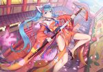  ahoge alternate_costume animal_ears animal_print architecture bangs blue_eyes blue_hair bridge butterfly_print cat_ears cherry_blossoms closed_mouth detached_sleeves east_asian_architecture from_above hair_ornament hatsune_miku holding holding_sword holding_weapon japanese_clothes kimono lantern lens_flare long_hair long_sleeves looking_at_viewer obi outdoors paper_lantern petals pillar railing ribbon rooftop sailor_collar sash sheath sky solo sword tatami torii tree twintails unsheathing very_long_hair vocaloid weapon wide_sleeves xiaosan_ye zouri 