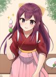  :d beige_background blush bow dango eyebrows eyebrows_visible_through_hair eyelashes food hair_bow hakama head_tilt holding holding_food japanese_clothes kamikaze_(kantai_collection) kantai_collection kimono long_hair meiji_schoolgirl_uniform nayuhi_(yukimuu14) open_mouth pink_bow pink_hakama plate purple_eyes purple_hair sanshoku_dango short_sleeves simple_background sitting smile solo sparkle tasuki very_long_hair wagashi yellow_bow 