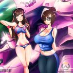  breasts brown_hair cleavage d.va_(overwatch) evil-dei glasses mecha mei_(overwatch) midriff multiple_girls navel overwatch stomach tank_top 