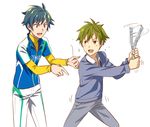  akiyama_hayato baseball_uniform blue_hair green_hair idolmaster idolmaster_side-m igari_leo ikuwataru_nagomi leaning_forward looking_at_another male_focus multiple_boys ruler sparkle sportswear white_background 