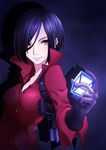  absurdres ada_wong black_gloves black_hair brown_eyes collarbone gloves gun hair_between_eyes highres holding red_shirt resident_evil shirt short_hair solo tarou_(bibunsiman) weapon 