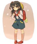  backpack bag black_hair brown_eyes hair_bobbles hair_ornament hat hat_removed headwear_removed highres kitashirakawa_anko long_hair monsieur one_side_up randoseru school_hat solo standing suspenders tamako_market 